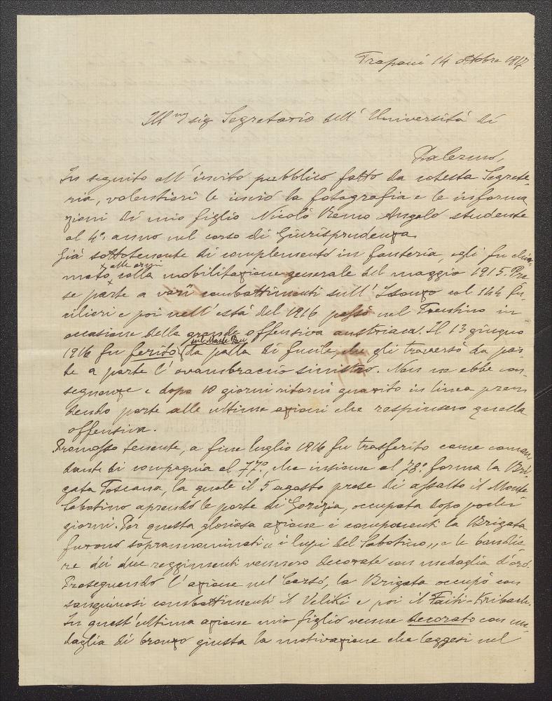 Lettera di Giuseppe Angelo alla Segreteria dell'Università