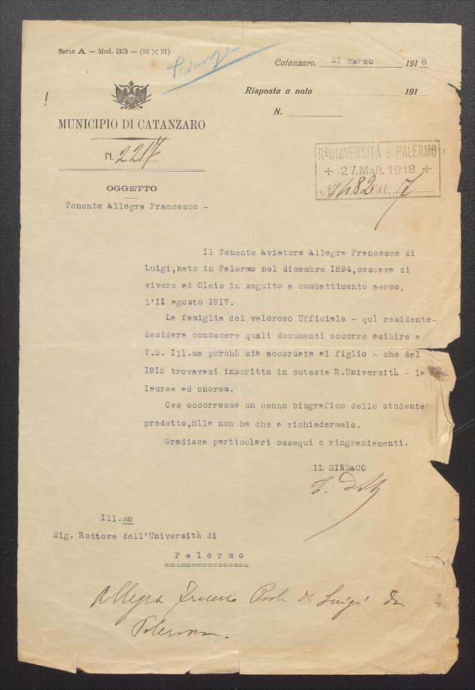 Nota del Sindaco di Catanzaro indirizzata al Rettore