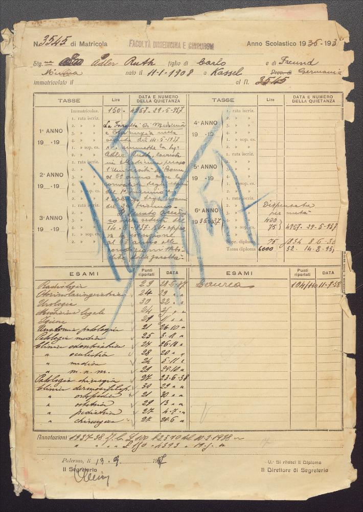 Adler, Ruth - Fascicolo studentessa