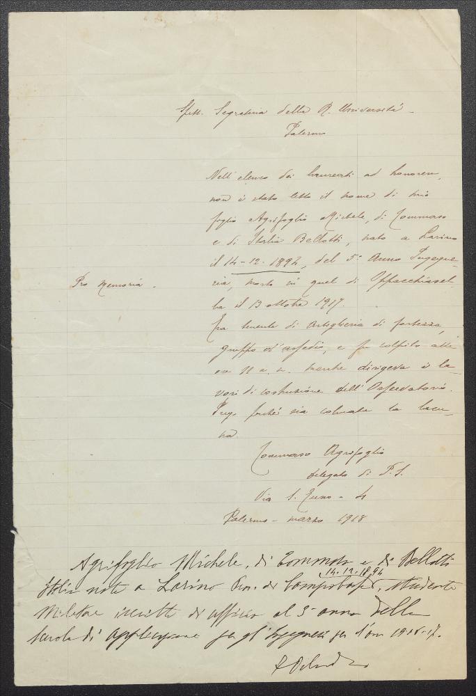 Lettera di Tommaso Agrifoglio alla Segreteria della Regia Università di Palermo