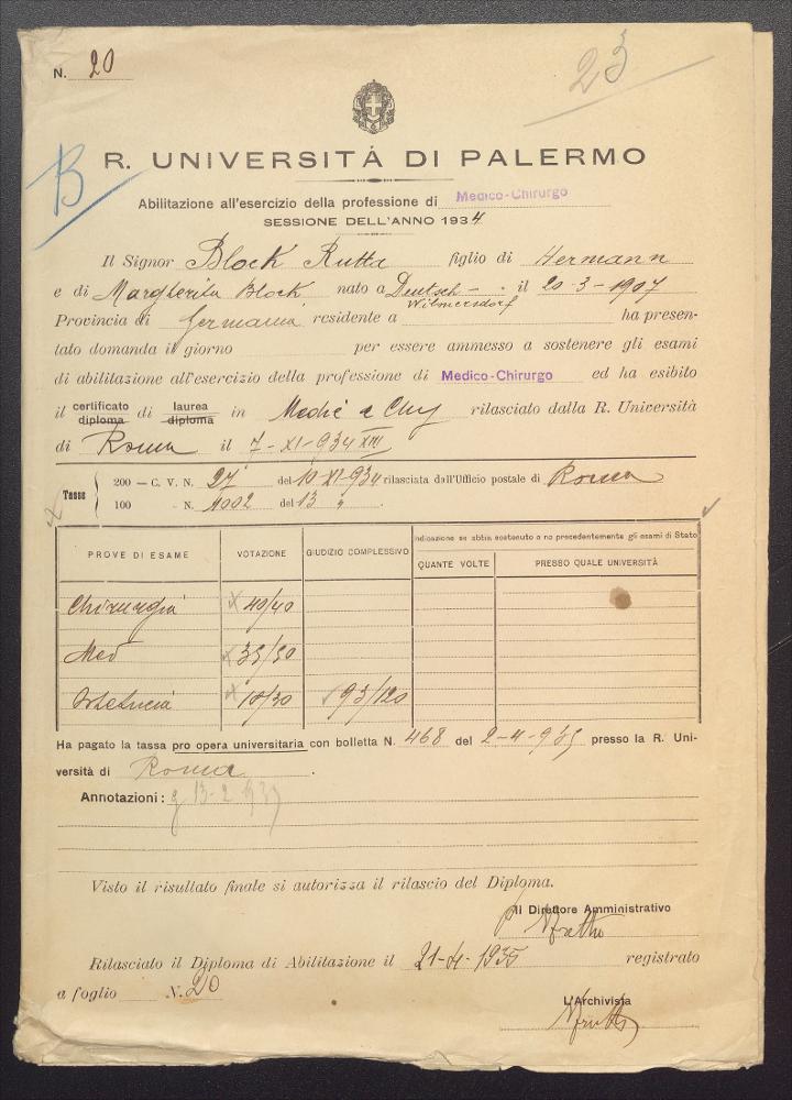 Block, Rutta - Abilitazione Medico Chirurgo